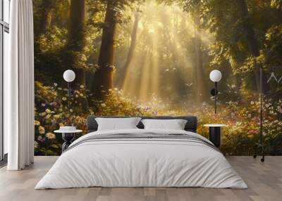 Serene Sunlit Forest with Colorful Flowers Wall mural