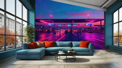 Vibrant Sunset at a Toll Booth with Neon Lights Wall mural