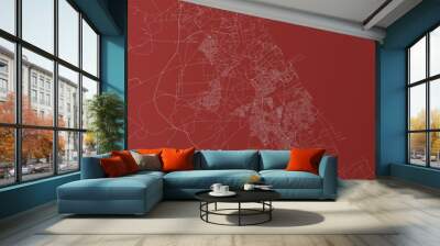 Map of the streets of Gabes (Tunisia) made with white lines on red background. Top view. 3d render, illustration Wall mural