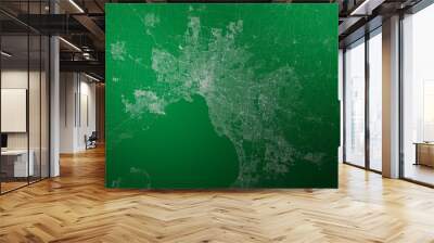 Map of the streets of Melbourne (Australia) made with white lines on abstract green background lit by two lights. Top view. 3d render, illustration Wall mural