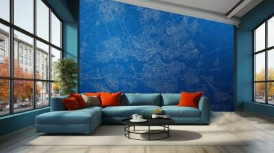 Stylized map of the streets of Rotterdam (Netherlands) made with white lines on abstract blue background lit by two lights. Top view. 3d render, illustration Wall mural