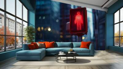 Bright Red Traffic Light Indicating Stop Wall mural