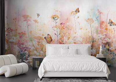 drawing of the pattern of wild flowers with their branches and graceful butterflies in bright colors for walls and walls Wall mural