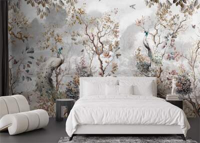 pattern wallpaper with white peacock birds with trees plants and birds in a vintage style landscape gray background. Wall mural