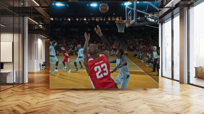 Basketball players on big professional arena during the game. Tense moment of the game. Celebration Wall mural