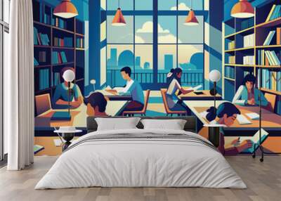 studying in library flat vector design Wall mural