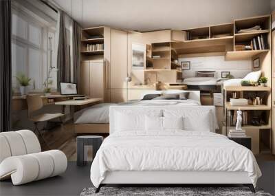 A studio apartment cleverly designed with multifunctional furniture to maximize space and efficiency. Wall mural