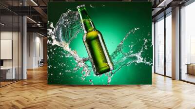 Green glass beer bottle mockup splashed by clear water Wall mural