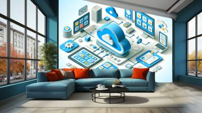 3d Flat icon as Cloud data synchronization with devices and cloud icons concept as Vector illustration showing cloud data synchronization with various devices and cloud icons highlighting seamless dat Wall mural