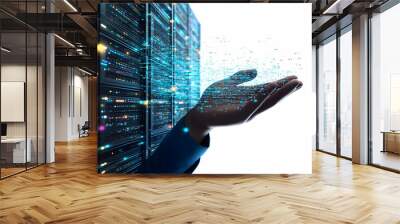 3d Flat icon as Hand with Holographic Data Network and Server concept as A photo depicting a hand holding a holographic data network and a server. The hand is positioned centrally with ample copy spac Wall mural