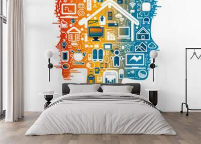 3D Flat Icon of Person with Smart Home Security and Tech Overlay for Integrated Home Security Solutions   Concept of A Person Integrated with Smart Home Security System and Tech Sy Wall mural