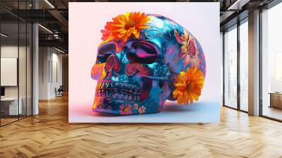 3D Glossy Calavera Skull with Holographic Marigold Petals - Vibrant Dia de Muertos Icon on White Background - Festive Decor with Ample Copy Space Wall mural