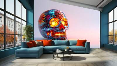 3D Glossy Sugar Skull & Holographic Candle Close Up - Vibrant Dia de Muertos Theme on White Background, Perfect for Modern Celebrations Wall mural