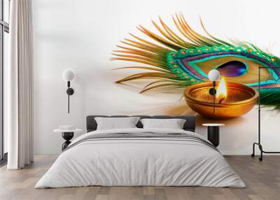 3D Glowing Diwali peacock feather with a diya isolated on a white background concept as A serene abstract vector featuring a glowing Diwali peacock feather paired with a diya isolated on a white backg Wall mural