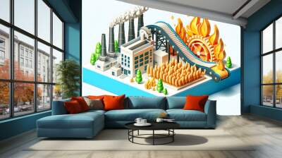 3D Icon as Biomass energy and factory conveyor concept as Biomass energy paired with a factory conveyor representing renewable energy sources in manufacturing processes ideal for isolated vector desig Wall mural