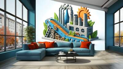 3D Icon as Biomass energy and factory conveyor concept as Biomass energy paired with a factory conveyor representing renewable energy sources in manufacturing processes ideal for isolated vector desig Wall mural