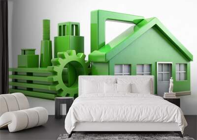 3D Icon as Green building and machine tool concept as A green building paired with a machine tool representing sustainable architecture and eco friendly manufacturing perfect for isolated vector desig Wall mural