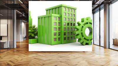 3D Icon as Green building and machine tool concept as A green building paired with a machine tool representing sustainable architecture and eco friendly manufacturing perfect for isolated vector desig Wall mural