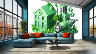 3D Icon as Green building and machine tool concept as A green building paired with a machine tool representing sustainable architecture and eco friendly manufacturing perfect for isolated vector desig Wall mural