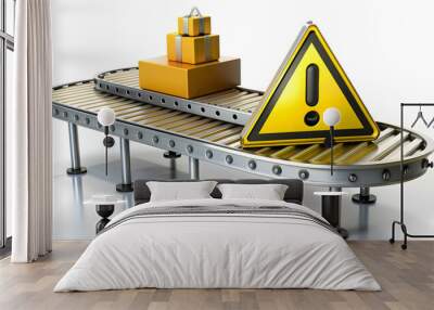 3D Icon as Warning sign and conveyor belt concept as A warning sign paired with a conveyor belt representing the importance of safety alerts in manufacturing environments perfect for isolated vector d Wall mural