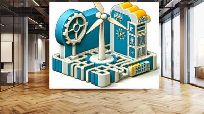 3D Icon as Wind turbine and IT infrastructure concept as A wind turbine paired with an IT infrastructure icon representing the use of renewable energy in supporting IT systems ideal for isolated vecto Wall mural