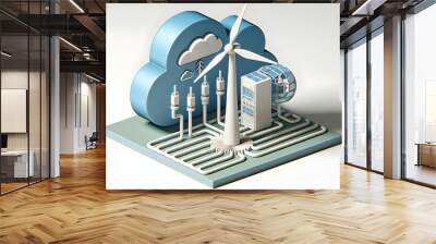 3D Icon as Wind turbine and IT infrastructure concept as A wind turbine paired with an IT infrastructure icon representing the use of renewable energy in supporting IT systems ideal for isolated vecto Wall mural