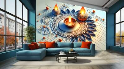 3D Isolated Diya Lamp and Rangoli Pattern concept as An abstract vector featuring a traditional Diya lamp and a detailed Rangoli pattern isolated on a white background. The design is minimal yet vibra Wall mural