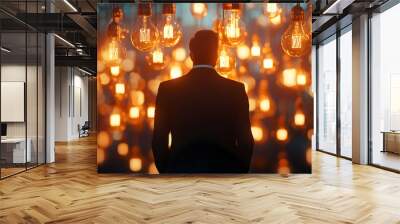 3D Politician Silhouette with Glowing Policy Idea Bulbs Concept - Medium Shot of Innovative Ideas Surrounded by Light Bulbs in Bokeh Background Wall mural