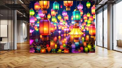 3D Radiant abstract digital art of Labh Pancham with glowing lanterns concept as A glowing abstract digital art banner featuring floating lanterns symbolizing Labh Pancham rendered in vibrant neon col Wall mural