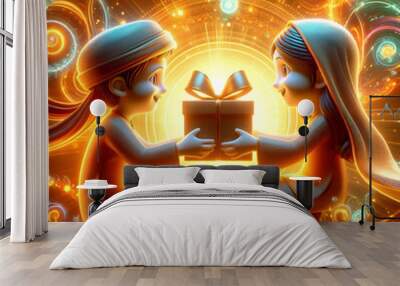 3D Sibling duo exchanging Bhai Dooj gifts concept as A glowing abstract digital art background with two siblings exchanging Bhai Dooj gifts. The backdrop is rich in glowing digital swirls with the foc Wall mural