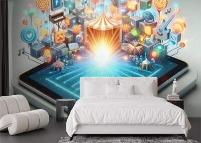 3D Tablet with Holographic Festival Icons concept as A tablet resting on a white surface surrounded by holographic festival icons. The bright glowing elements create a festive atmosphere with ample co Wall mural