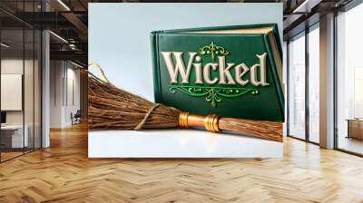 3D Witchs Grimoire and Broom with Wicked Text concept as An isolated vector featuring a witchs grimoire and broom with the word Wicked in a playful spooky font. The elements are set against a white ba Wall mural