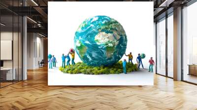 A group presenting eco friendly project proposals with Earth model on whimsical background   3D flat icon. Wall mural