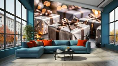 Close-Up of Beautifully Wrapped New Year Gifts with Colorful Ribbons Celebrating the Joy of Giving in 2025 - Festive Atmosphere and Details Captured for Stock Photography Wall mural