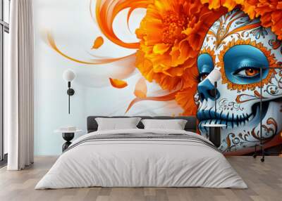 Detailed Sugar Skull and Marigold Petal Vector Illustration: Celebrate Dia de Muertos with Traditional Elements and Clean Lines on White Background Wall mural