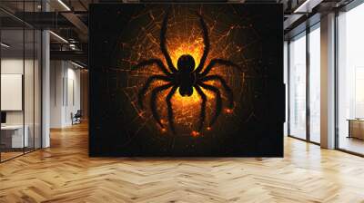 Flat Glossy Spider Background with Glowing Web concept as A glossy background featuring a large spider on a glowing web in a dark creepy setting. Ideal for horror themed Halloween advertisements or sp Wall mural