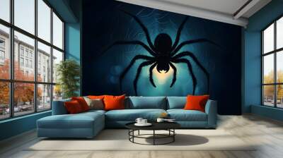 Flat Glossy Spider Background with Glowing Web concept as A glossy background featuring a large spider on a glowing web in a dark creepy setting. Ideal for horror themed Halloween advertisements or sp Wall mural