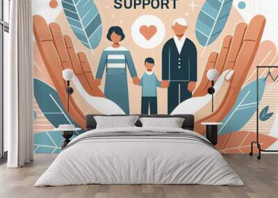 Flat Grandparents and Grandchildren Hands with Support Text concept as An abstract vector featuring two hands representing grandparents and grandchildren with the word Support in a clean modern font.  Wall mural