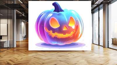 Flat Holographic Pumpkin and Ghost with Spooky Text concept as A glossy glowing holographic pumpkin and ghost with the word Spooky in a bold eerie font. The design is isolated on a white balance backg Wall mural