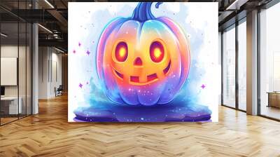 Flat Holographic Pumpkin and Ghost with Spooky Text concept as A glossy glowing holographic pumpkin and ghost with the word Spooky in a bold eerie font. The design is isolated on a white balance backg Wall mural