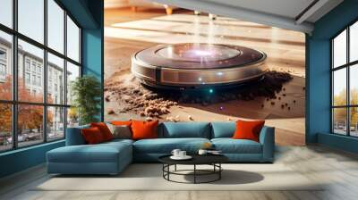 Flat Holographic Robot Vacuum with Floating Cleaning Path: Pan Shot of Advanced Cleaning Device on White Floor, Showcasing Holographic Path and Dirt Particles for Smart Home Solutions - Simple Flat Ve Wall mural