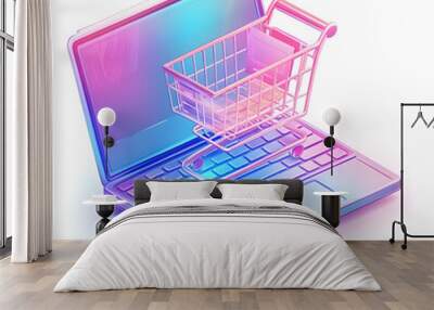 Flat Laptop with Holographic Shopping Cart concept as Vertical shot of a laptop standing open on a white background with a glowing holographic shopping cart floating above the keyboard offering a tech Wall mural