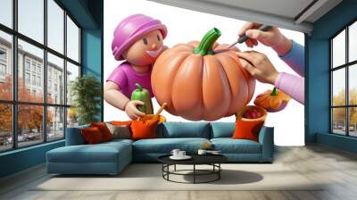 Flat Pink Pumpkin Painting: Family Bonding Over Creative Fall Awareness Event, Candid Laughter & Messy Fun in Simple Vector Illustration Wall mural