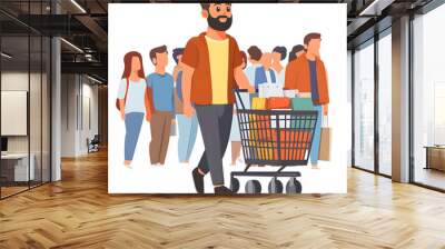 Flat Shopper with Full Shopping Cart concept as Candid shot of a shopper pushing a full shopping cart through a crowded store on Black Friday capturing the excitement and intensity of the shopping exp Wall mural