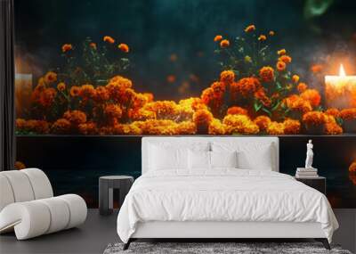 Glossy Altar with Holographic Marigold Garland: Modern Twist on Dia de Muertos with Reflective Dark Background - Vibrant Photo Stock Concept Wall mural