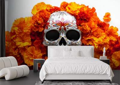 Glossy Calavera Skull with Holographic Marigold Petals: Captivating Dia de Muertos Concept in Vibrant Wide Shot Isolated on White Background Wall mural