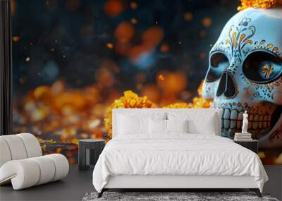 Glossy Calavera Skull with Reflective Marigold Garland - A Close-Up on Cultural Essence of Dia de Muertos Against Dark Background Wall mural