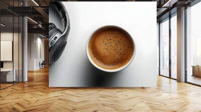 Headphones and coffee cup with Focus Time text isolated on white background concept as Camera movement Highlight the headphones and coffee cup focusing on the importance of focus. Scene Cozy and moder Wall mural