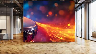 Holographic Flame and Drum with Celebration Text concept as A vibrant photo featuring a glowing holographic flame and drum representing the joyous celebrations of Dussehra. The design includes ample c Wall mural