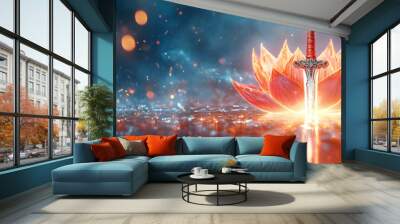 Holographic Lotus and Sword with Honor Text concept as A refined photo featuring a glowing holographic lotus and sword symbolizing honor and righteousness in Dussehra. The design includes ample copy s Wall mural